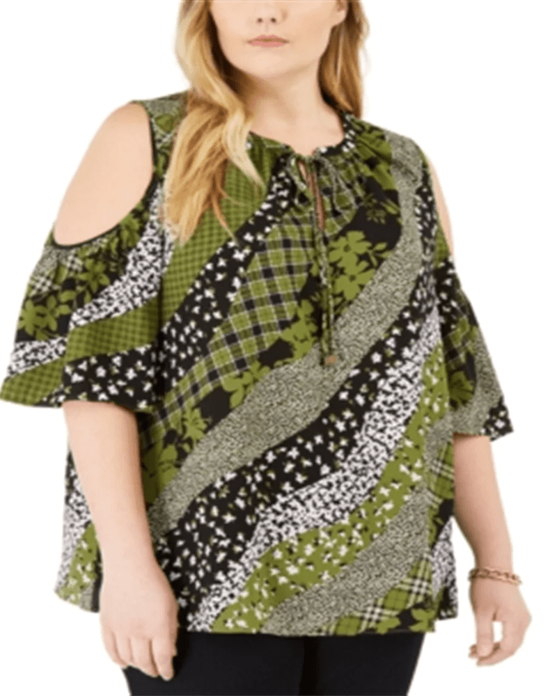 Front of a model wearing a size 2X Michael Kors Women's Plus Mixed Print Cold Shoulder Top Green Size 2X in Green by Michael Kors. | dia_product_style_image_id:311233